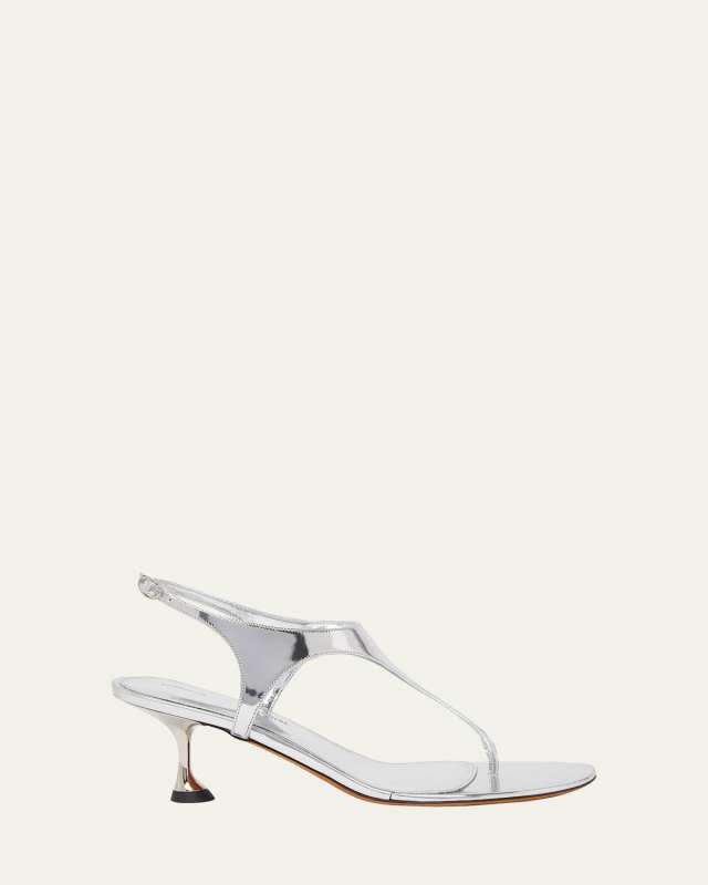 Metallic Leather Kitten-Heel Thong Sandals